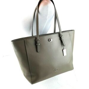 Coach Cross Grain Large Turnlock Tote Bag Purse Leather Grey Green